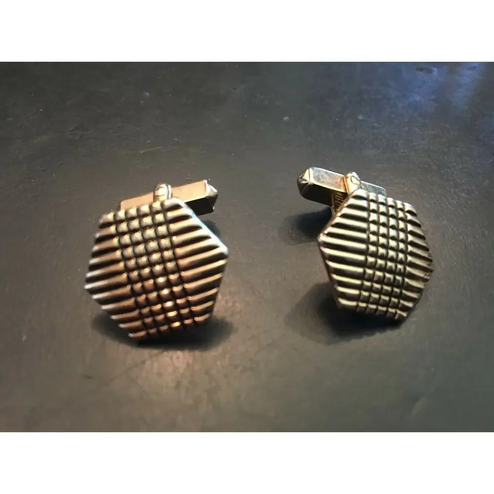 VTG Swank Black and Gold Tone Check Pattern Cufflinks